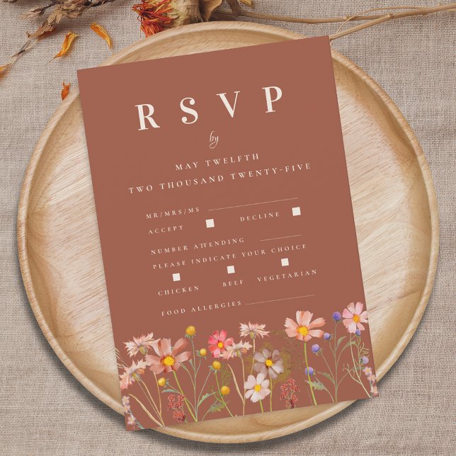 Cartão RSVP Wildflower Fall Terracotta Meal Options Wedding (Wildflower boho fall floral terracotta rust meal options Wedding RSVP card Autumn garden meadow )