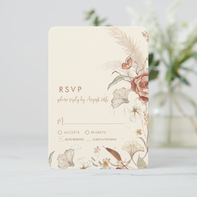 Cartão RSVP Wildflower Floral BOHO Cream Terracotta Casamento (Em pé/Frente)