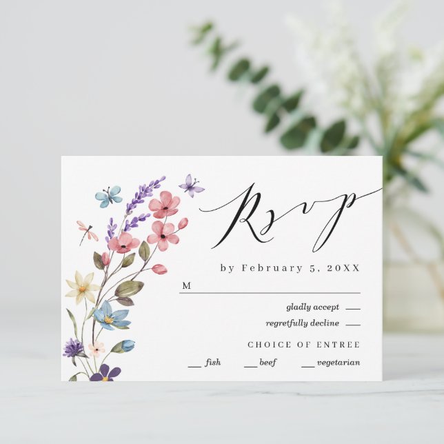 Cartão RSVP Wildflower Floral Primavera Summer Wedding (Em pé/Frente)
