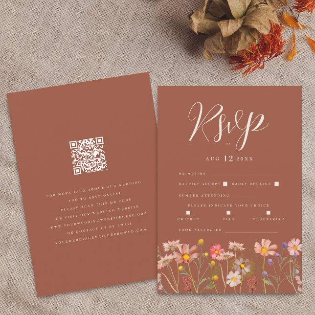 Cartão RSVP Wildflower Floral Terracotta Meal Options QR code (Wildflower boho fall floral terracotta rust beige Wedding qr code RSVP enclosure card)