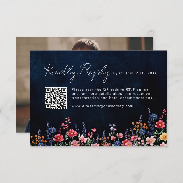 Cartão RSVP Wildflower Rustic Country Boho Marinho QR Code Fot (Frente/Verso)