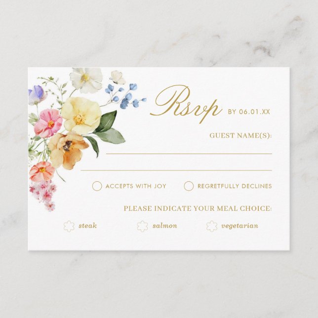 Cartão RSVP Wildflower Wedding Colorful Floral Wedding (Frente)