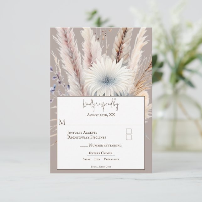 Cartão RSVP Winter Boho Floral Wedding | Bege (Em pé/Frente)