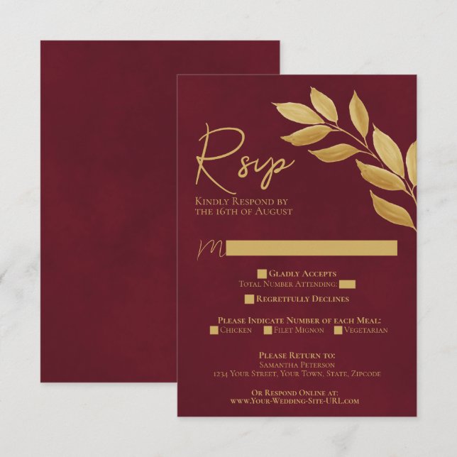 Cartão RSVP Wistful Leaves Burgundy & Gold Watercolor Wedding (Frente/Verso)