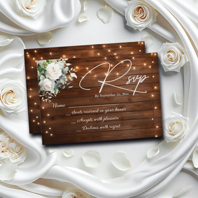 Cartão RSVP Wood Rustic String Lights White Roses Casamento RS (Criador carregado)