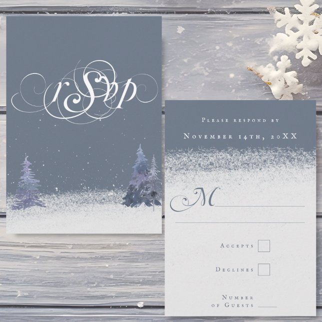 Cartão RSVP Woodland Dusty Blue e White Winter Snow Weds (Falling snow on watercolor pine trees with calligraphy script in dusty blue and white color palette.)