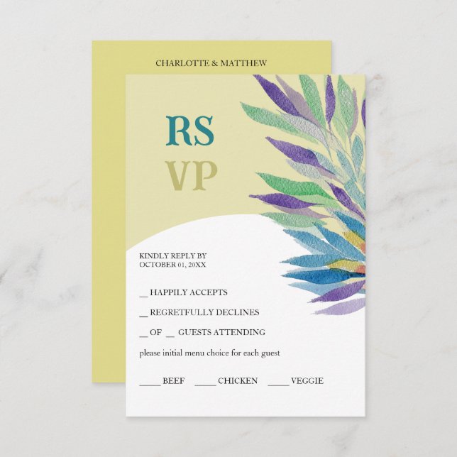 Cartão RSVP Yello Purple Boho Floral Watercolor (Frente/Verso)
