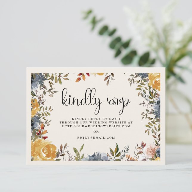 Cartão RSVP Yellow Blue Floral Weding Kindly Responder (Em pé/Frente)