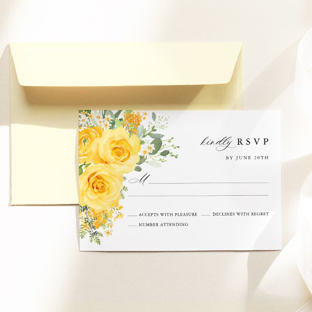 Cartão RSVP Yellow Floral Rose Watercolor Elegant Wedding (Yellow floral wedding RSVP card with watercolor yellow roses, romantic garden wedding stationery)