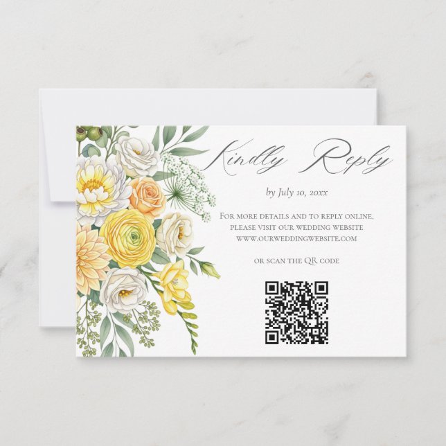 Cartão RSVP Yellow Peach Sage Green Floral Wedding Website QR  (Frente)
