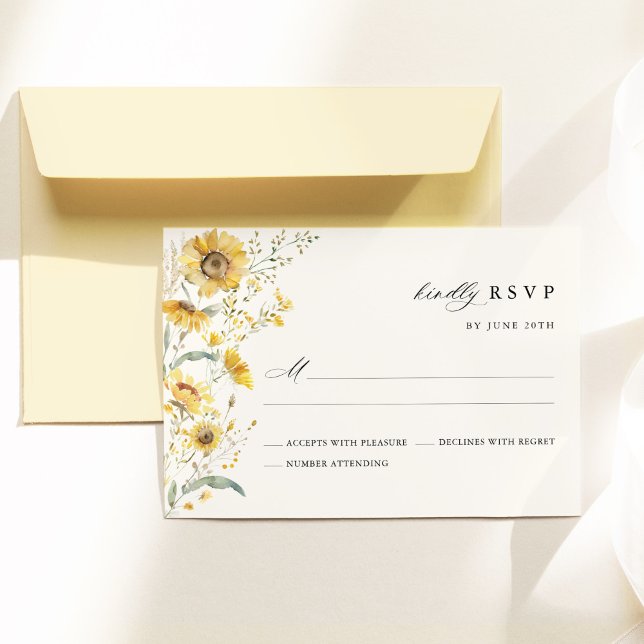 Cartão RSVP Yellow Wildflower Sunflower Wedding (Yellow sunflower wildflower wedding RSVP card, watercolor elegant floral garden wedding stationery)