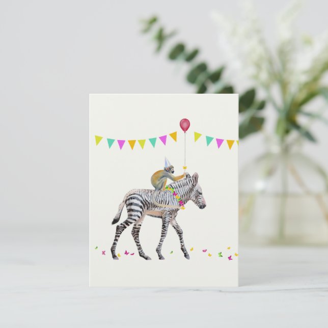Cartão RSVP Zebra Monkey balloon party Antwoordkaart (Em pé/Frente)