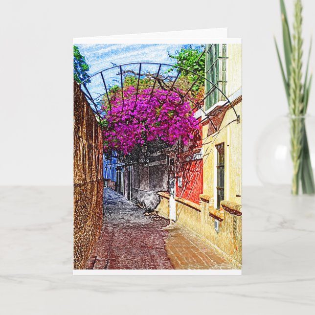 Cartão Rua Espanhola com Flores Roxas (Frente)