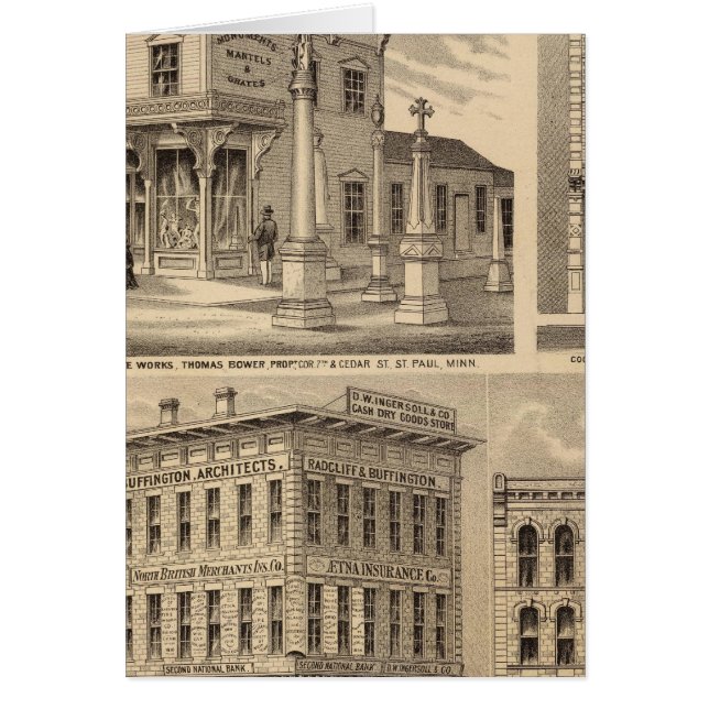 Cartão Rua. Paul, Minneapolis, mapa litográfico de Minnes (Frente)