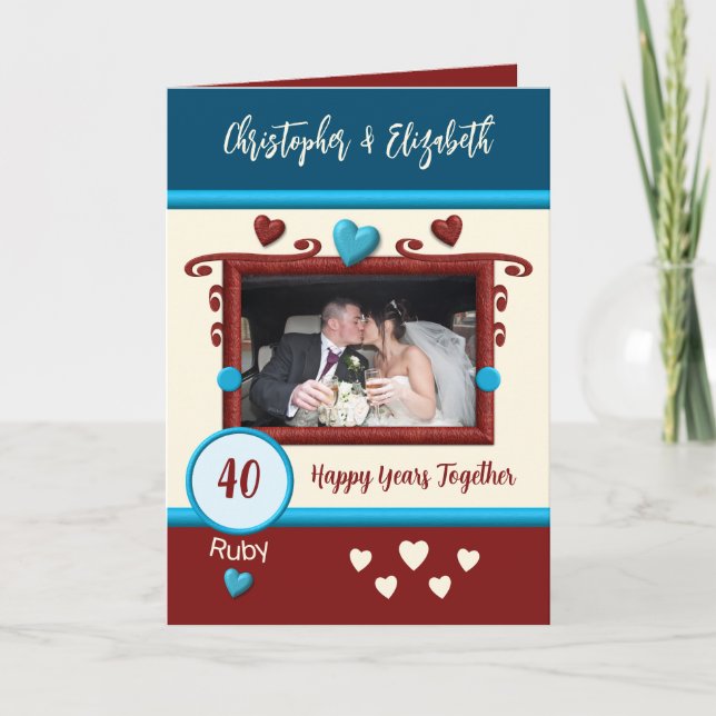 Cartão Ruby 40º aniversário adicione nomes de fotos azuis (Frente)