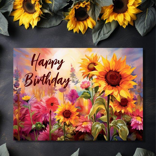 Cartão Rumores bonito com Flores Coloridas Aniversário (Front - Pretty Sunflowers with Colorful Flowers Birthday Card)