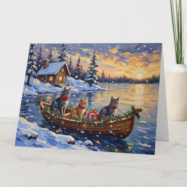 Cartão Russian Blue Cat Christmas Boat Holiday (Frente)