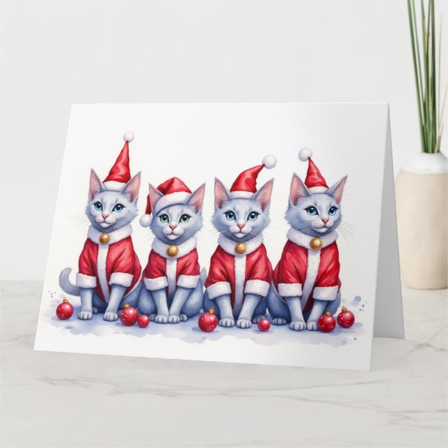 Cartão Russian Blue Cat Christmas Dress Santa Hat (Frente)