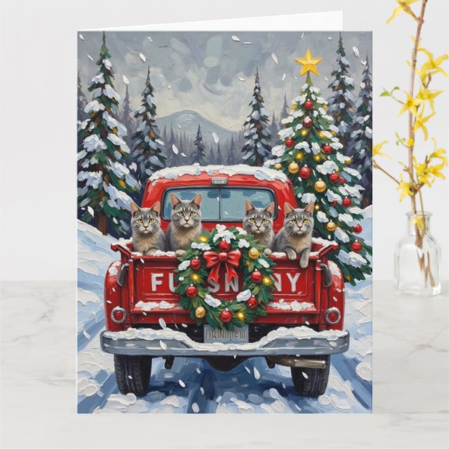 Cartão Russian Blue Cat Christmas Red Truck Holiday (Flor Amarela)