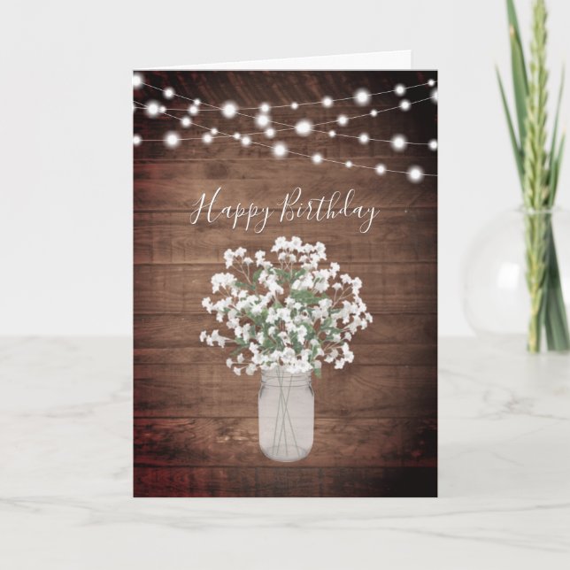 Cartão Rustic Baby's Breath Lights Mason Jar Birthday (Frente)