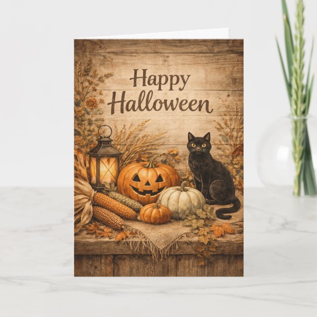 Cartão Rustic Black Cat Corn Halloween (Frente)