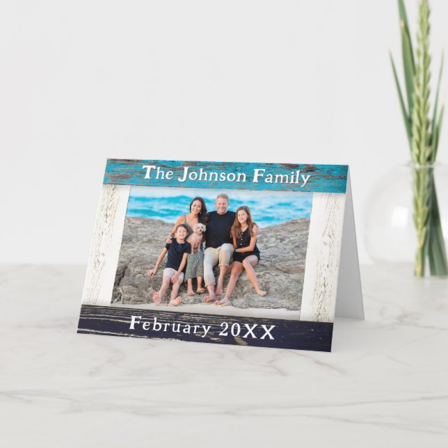 Cartão Rustic Blue Wood Frame Family Name Photo (Frente)