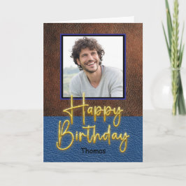 Cartão Rustic Brown and Blue leather Gold Script Birthday