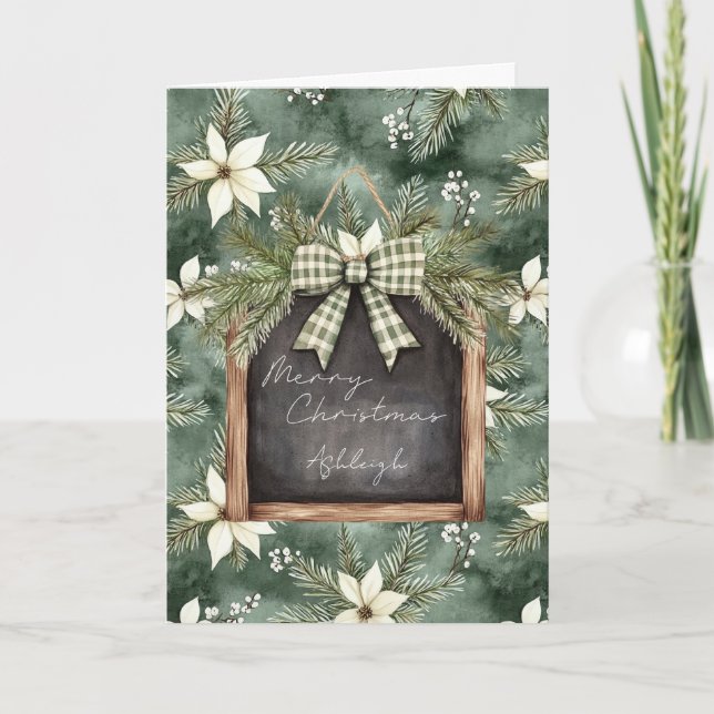 Cartão Rustic Brown Green Christmas Chalkboard Floral Bow (Frente)