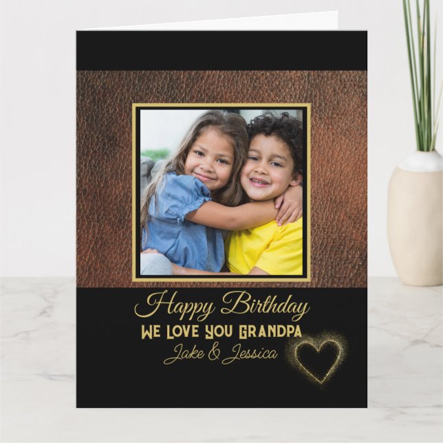 Cartão Rustic Brown Leather Happy Birthday Grandpa Photo (Frente)
