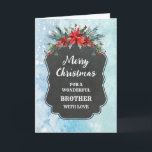 Cartão Rustic Chalkboard Brother Felry Natal<br><div class="desc">Feliz Natal para o cartão de irmão com o padrão rústico do quadro-negro do país e folhagem de inverno com poinsettias.</div>