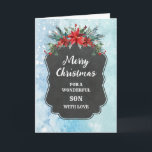 Cartão Rustic Chalkboard Son Felry Natal<br><div class="desc">Feliz Natal para um cartão de filho com padrão de chalkboard rústico e folhagem de inverno com poinsettias.</div>