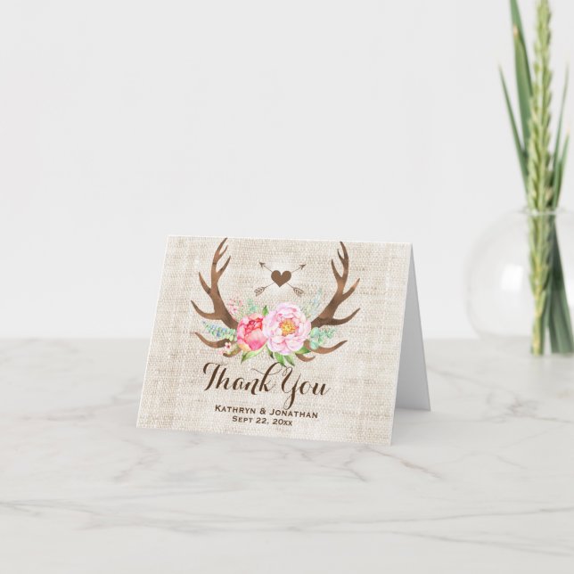 Cartão Rustic Country Floral Antlers Wedding Thank You (Frente)
