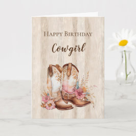 Cartão Rustic Faux Wood Cowgirl Floral Boots Aniversário