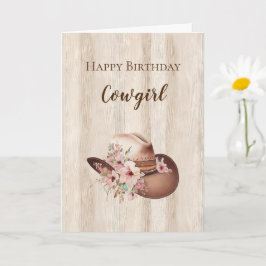 Cartão Rustic Faux Wood Cowgirl Floral Hat Aniversário
