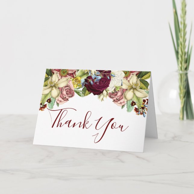 Cartão Rustic Floral Botânica Burgundy Obrigado (Frente)