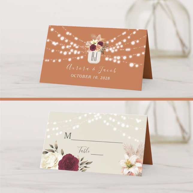 Cartão Rustic Floral Burnt Orange Place Card (Criador carregado)