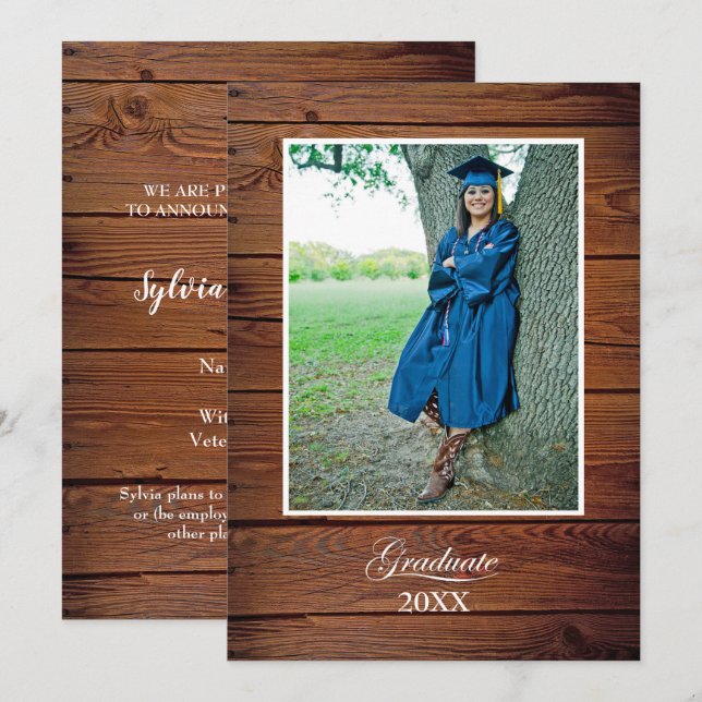 Cartão Rustic Graduation Announcement with photo (Frente/Verso)
