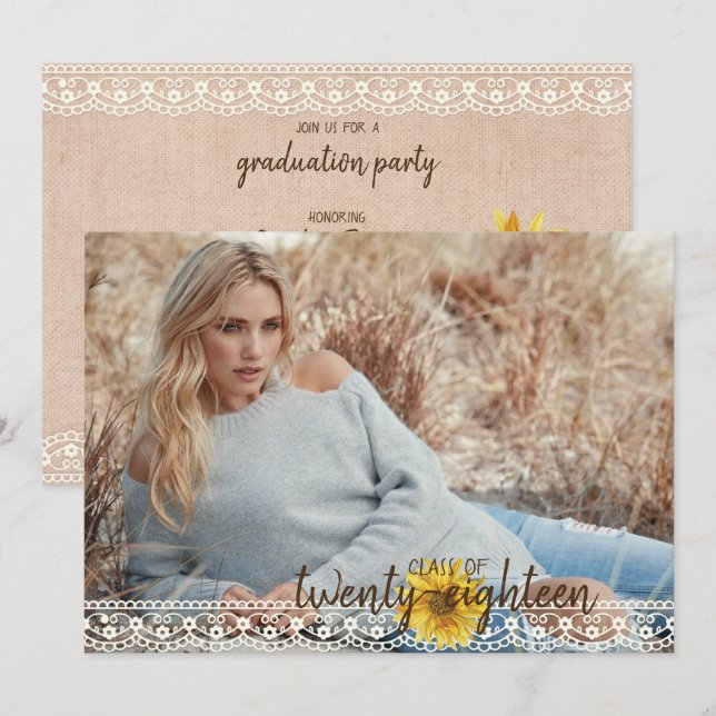 Cartão Rustic Lace & Burlap Sunflower Graduação (Frente/Verso)