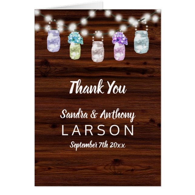 Cartão Rustic Mason Jar Com Luz Casada Obrigado (Frente)