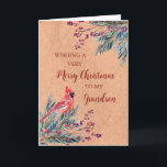 Cartão Rustic Paper Watercolor Grandson Felry Natal<br><div class="desc">Feliz Natal para o cartão de neto com folhagem de cor d'água de inverno,  cardeal,  padrão de papel rústico e verso atencioso.</div>
