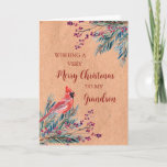 Cartão Rustic Paper Watercolor Grandson Felry Natal<br><div class="desc">Feliz Natal para o cartão de neto com folhagem de cor d'água de inverno,  cardeal,  padrão de papel rústico e verso atencioso.</div>