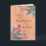 Cartão Rustic Paper Watercolor Son in Law Feliz Natal<br><div class="desc">Feliz Natal para o filho no cartão de direito com folhagem de cor d'água de inverno,  cardeal,  padrão de papel rústico e verso atencioso.</div>