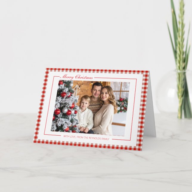 Cartão Rustic Red Gingham Photo Christmas Greeting Card (Frente)
