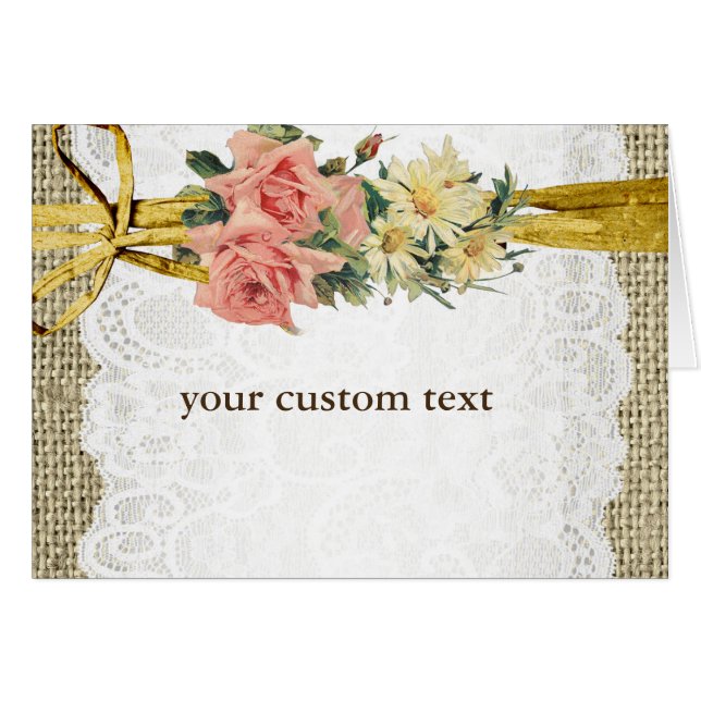 Cartão Rustic Romance Burlap & Lace Floral Fold Card (Frente horizontal)