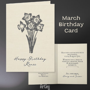 Cartão Rustic Stamped Daffodil March Birth Flower Linen