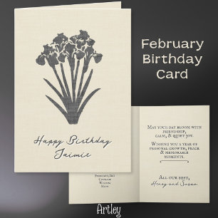 Cartão Rustic Stamped Iris Fevereiro Nascimento Linen