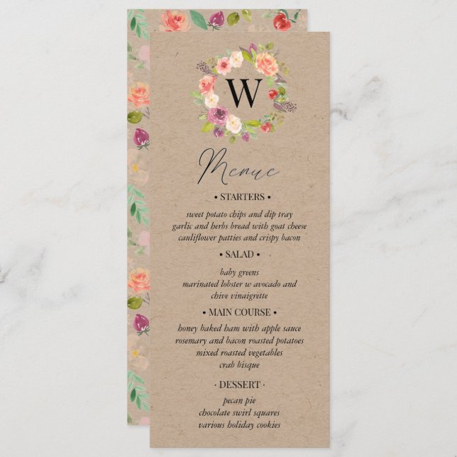 Cartão Rustic Summer Floral Wedding Menu (Frente/Verso)