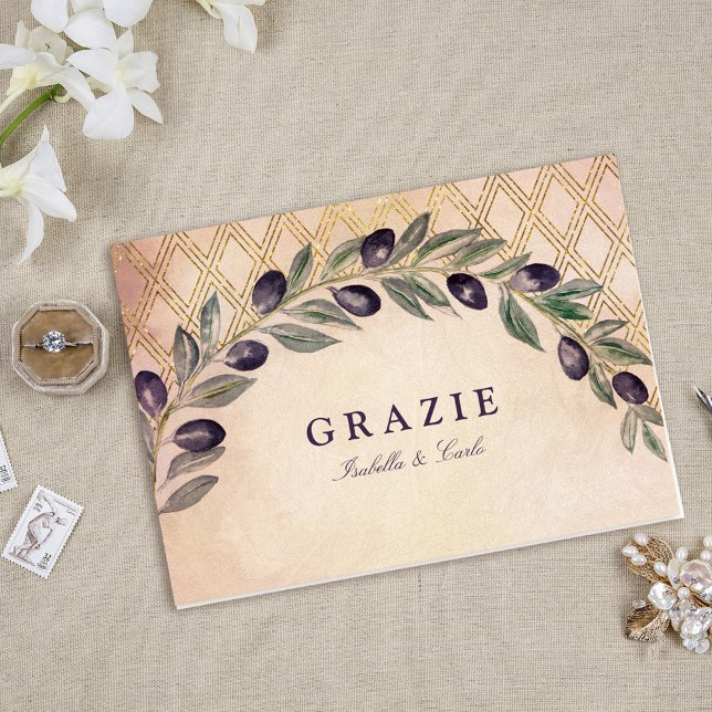 Cartão Rustic Tuscan Olive Branches Wedding (Tuscan Gold Lattice and Olive Branches Folded Thank You Card)