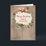 Cartão Rustic Watercolor Son em Direito Feliz Natal<br><div class="desc">Feliz Natal para o filho no cartão da lei em madeiras rústicas e flores de aquarela e folhagem.</div>