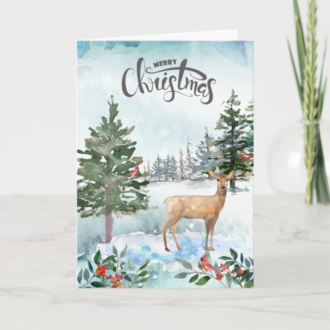 Cartão Rustic Watercolor Woodland Deer Christmas (Frente)